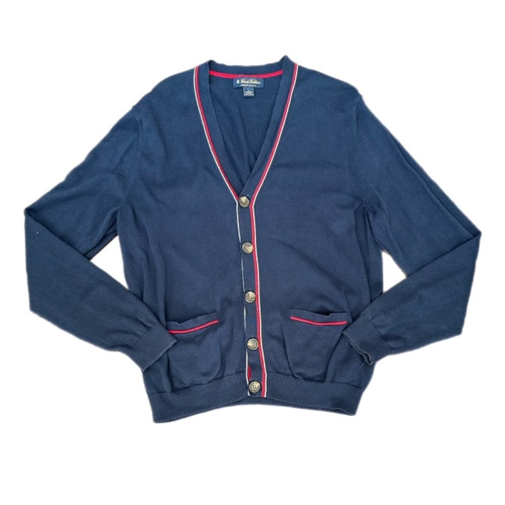 Vintage Brooks Brothers Navy Red White Button Up Cotton Cardigan | Size Large